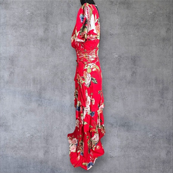 AFRM Micah Corset Tiered Maxi Floral Dress Slit Flutter Sleeves Size Small Read - Picture 3 of 14